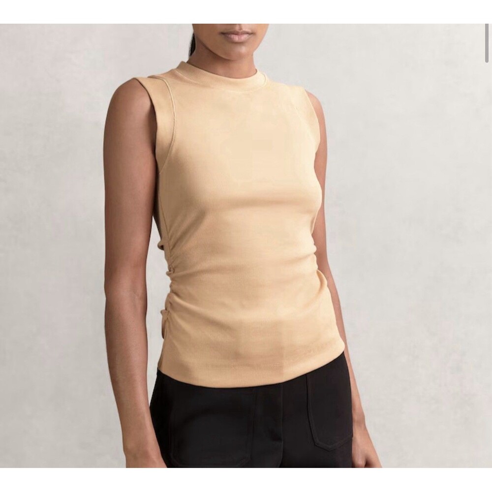 REISS Women’s Trudy Fine-Rib Ruched Vest Top in Camel Size Medium